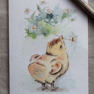 Baby Chick with Daisies Printed Card