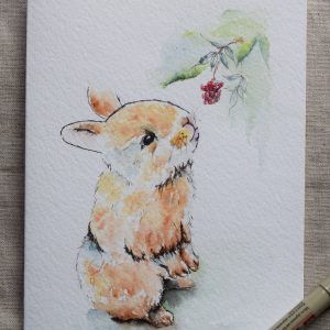 Baby Rabbit with Berries Printed Cards