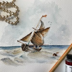 Watercolor ship printed card